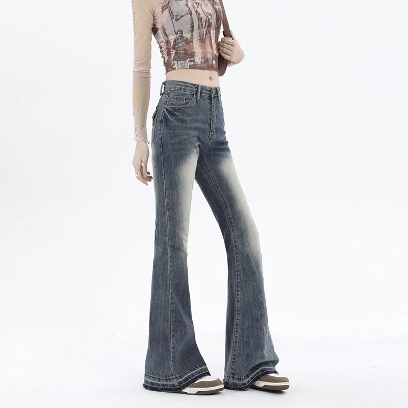 

Women's Aesthetic Flared Jeans Blue Fashion Skinny Wash Vintage Jeans Look Thin Trendy Floor Length Pants Women