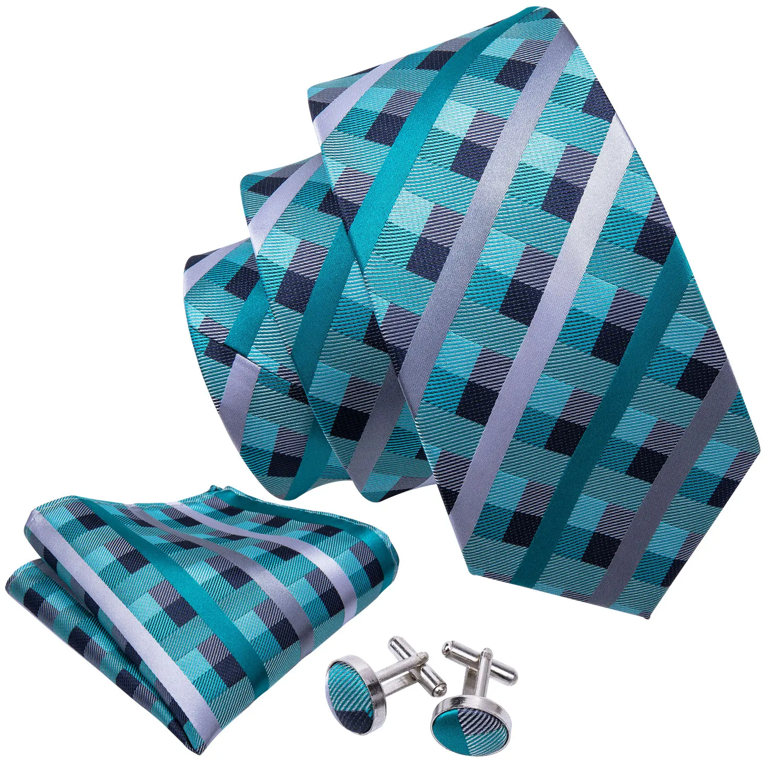 Elegant Plaid Men's Tie Set 8.5cm Wide Woven Check Necktie with Handkerchief Cufflinks Formal Suit Accessories for Wedding Party