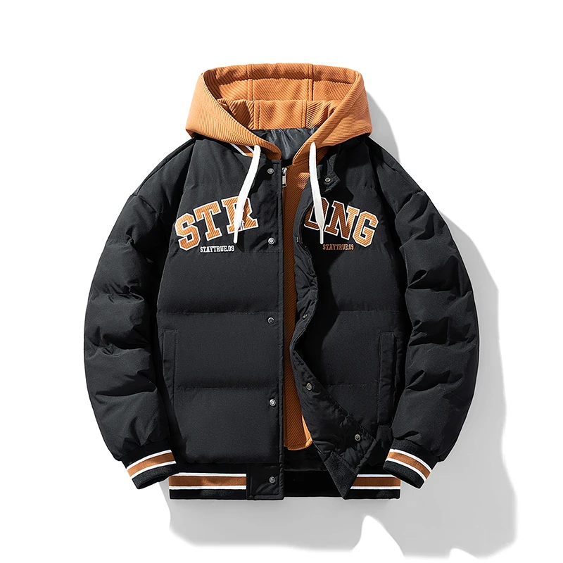 Winter Fake 2 Jacket Men's Harajuku Hip Hop Letter Thick Warm Baseball Hooded Parka Women's 2024 Snow Down Cotton Padded Jacket