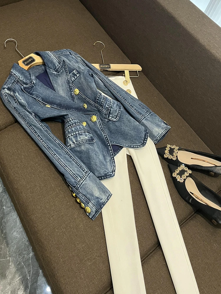 

Briti Sle Slim Fit Blue Klein Waistcoat Double Row Button Denim Jaet Coat kets Pure Cotton Office Wear A666HUP