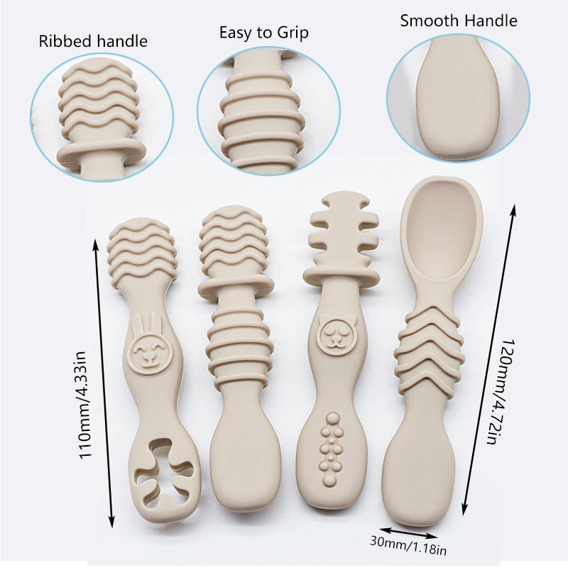 Silicone Baby Spoons Self Feeding 6+ Months - Infant Toddler Utensils - First Stage Baby Led Weaning Feeding Supplies - 4 Pack