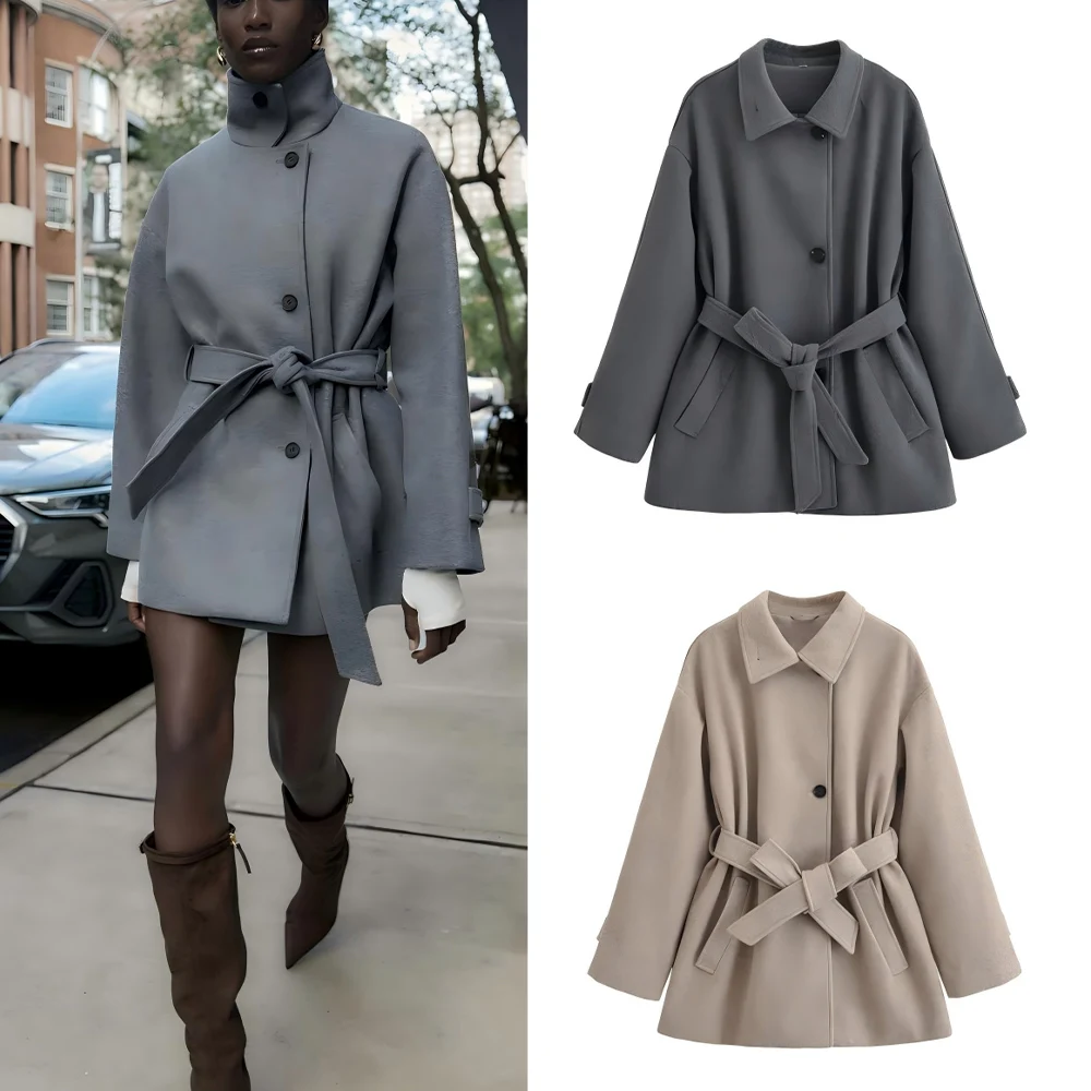 

Women's new fashion with Belt loose single breasted warm woolen coat retro long sleeved pocket women's coat chic top