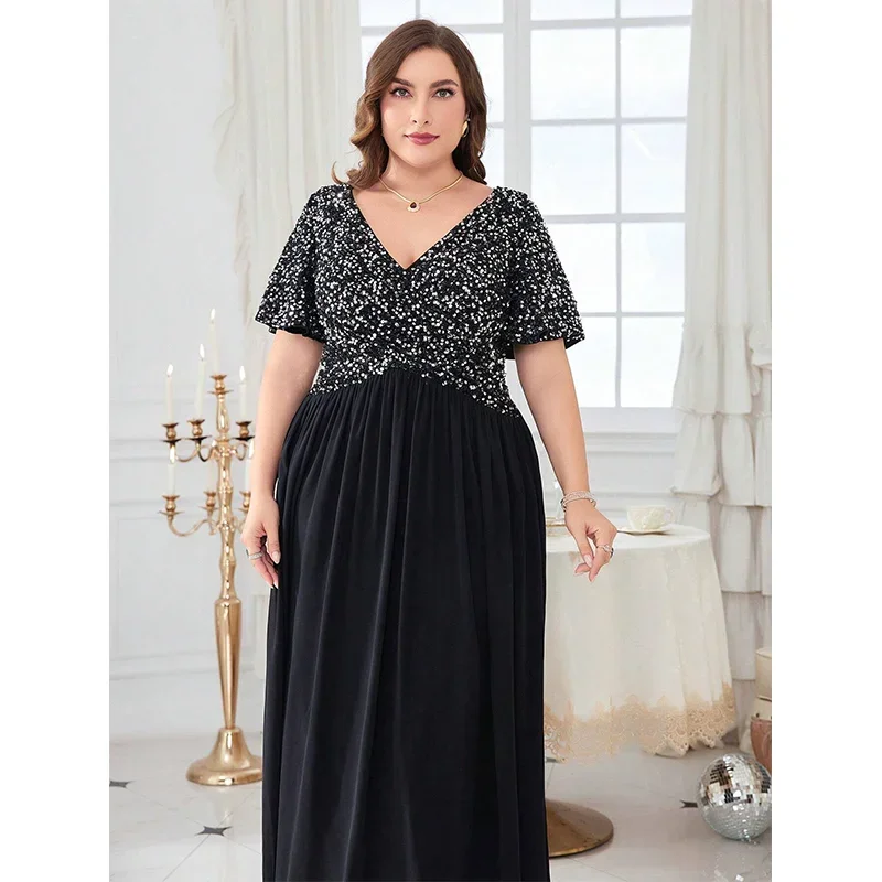 Plus Size Banquet Women\'s Chiffon Evening Dress Elegant V-neck Short Sleeve Black Silver Sequins Women\'s Prom Dresses 4XL 5XL