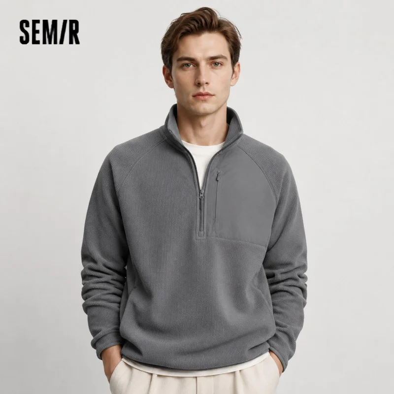 Semir Hoodie Herren Warm Halboffene Knopfleiste Fleece Top Outdoor Patchwork Strukturierter Stehkragen 2025, Winter Neue Herrenbekleidung