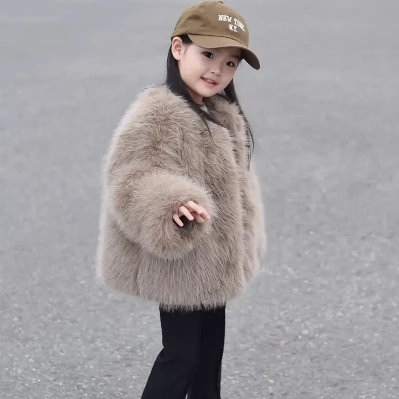 

Girl's Winter Faux Fox Fur Fluffy Coat Thermal Cotton Padded Thickened Children's Fashion Winter Wear for Toddler To Big Kids
