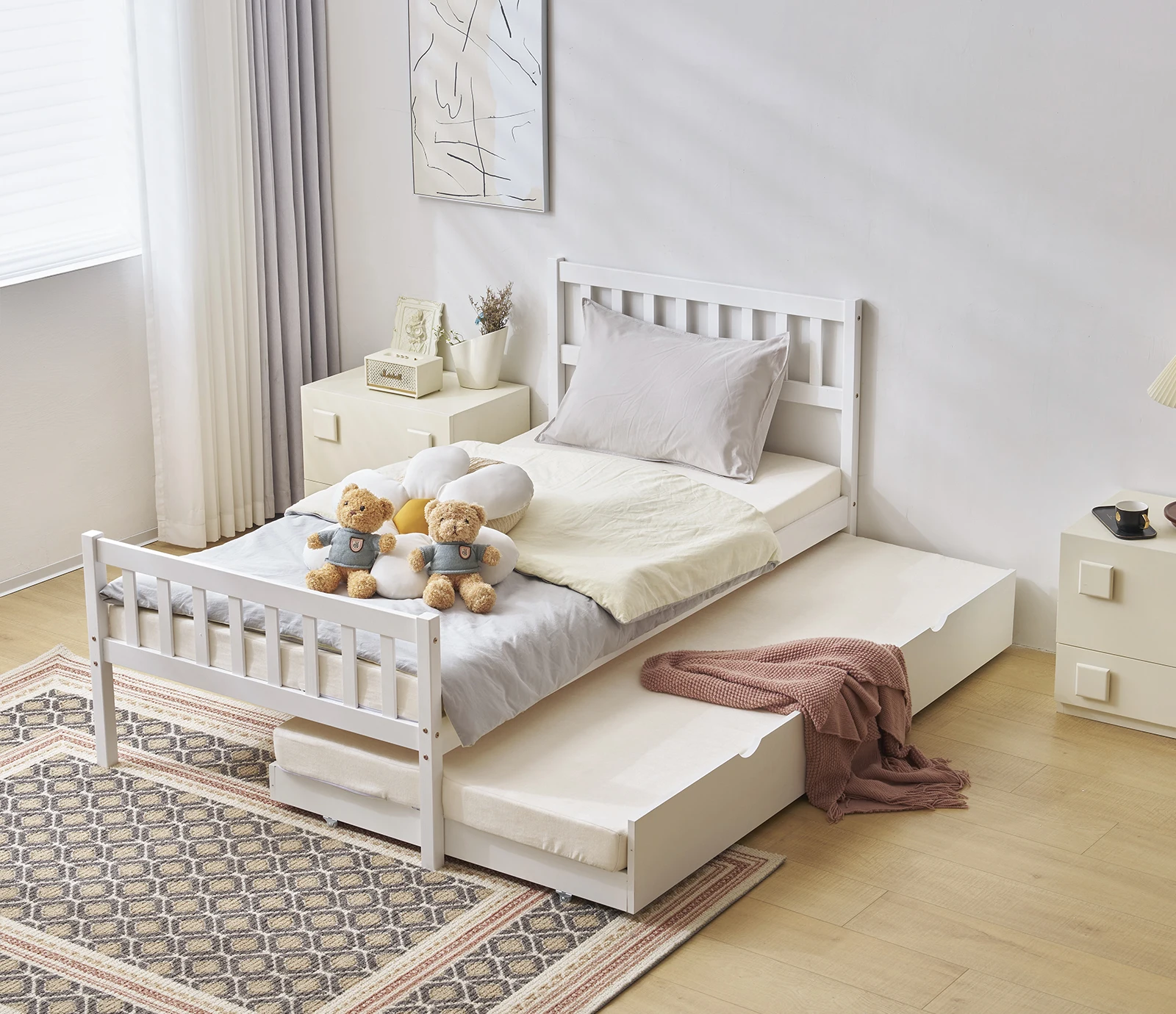 Litera individual con cama de arrastre, cama de madera doble blanca, tablero de partículas de pino, cama de arrastre