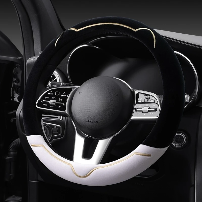 2023 New simple cat ears series plush winter car steering wheel cover warm wear resistant car handle cover