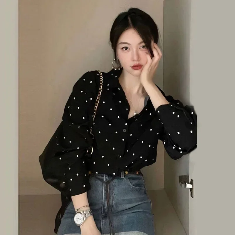 

Vintage Polka Dot Printed Black Shirts Women Korean Fashion Temperament Office Lady Shirt All-match Long Sleeve Blouses