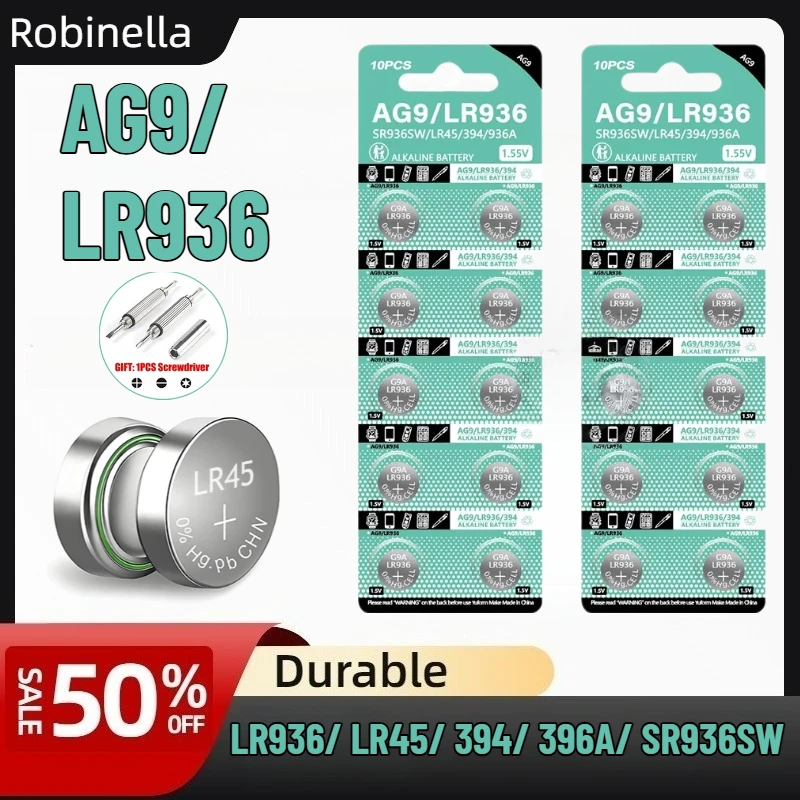 

AG9 LR936 1.55V 53mAh Alkaline Button Battery (394 LR45 194 SR936SW) for Digital Watches, Calculators, LED Devices