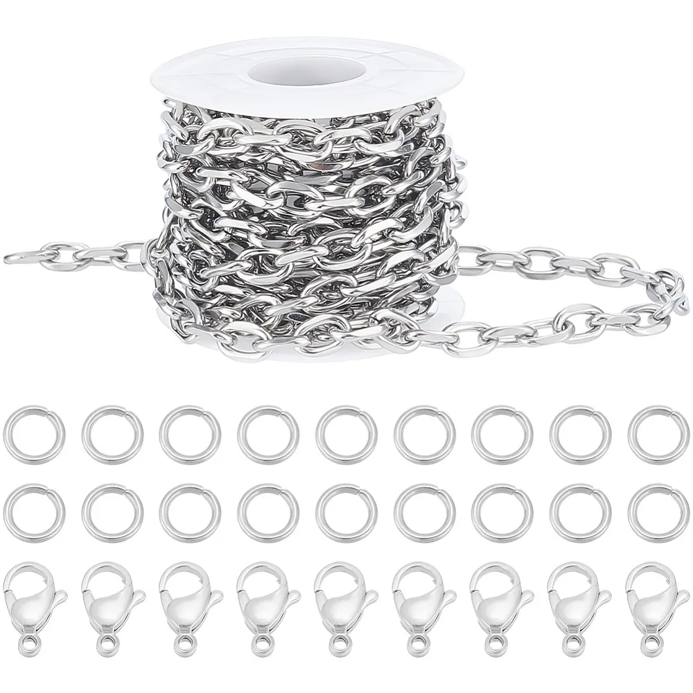 

DIY 304 Stainless Steel Cable Chains Necklace/Bracelets Making Kits Stainless Steel Color 11x7.5x2mm