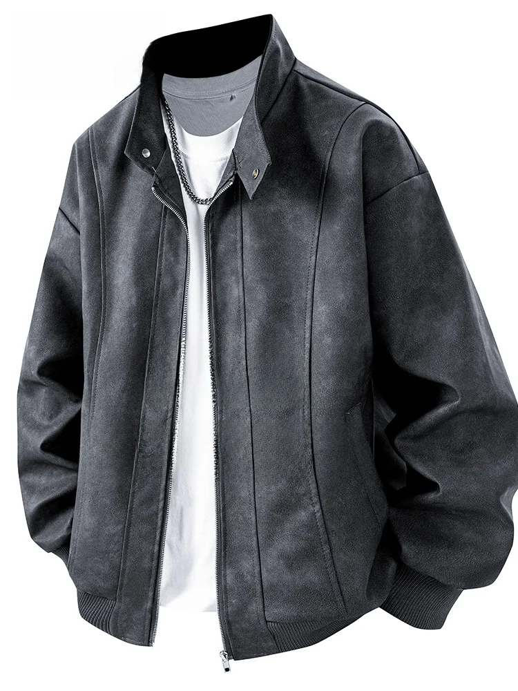 

MoChao American Style Casual Leather Jacket Men's Spring Autumn Workwear Handsome Retro Stand Collar PU Coat Outerwear