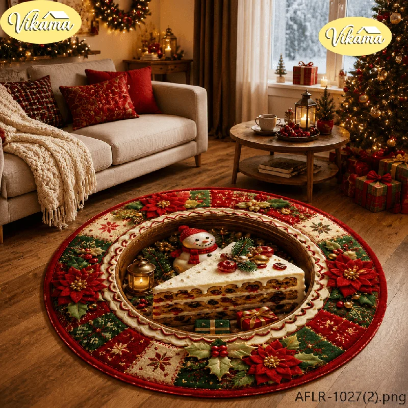 Round Christmas Rug, Berry Bow Snowman Design for Under the Tree, Living Room Home Decor Carpet, Festive Holiday Floor Mat