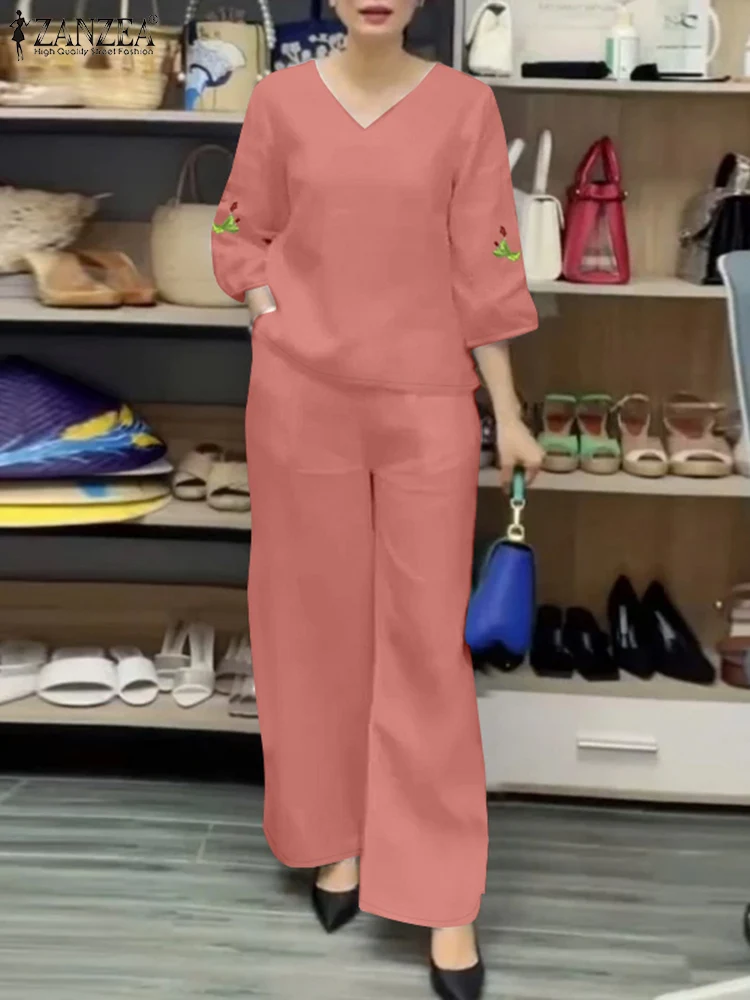 ZANZEA-trajes de pantalones de otoño para mujer, conjuntos holgados a juego con cuello en V, blusa bordada de manga 3/4, pantalones, trajes de 2 uds, chándal informal