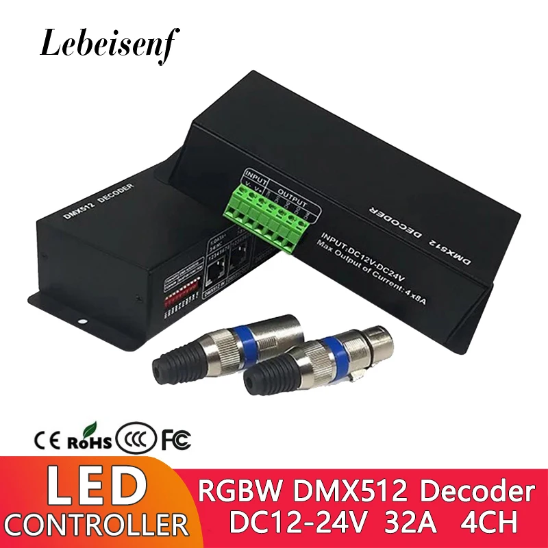 Decodificador DMX512 DMX LED RGBW, controlador de atenuación de 4 canales DC12V 24V con enchufe XLR para voltaje constante, tira de luz LED de Color de escenario