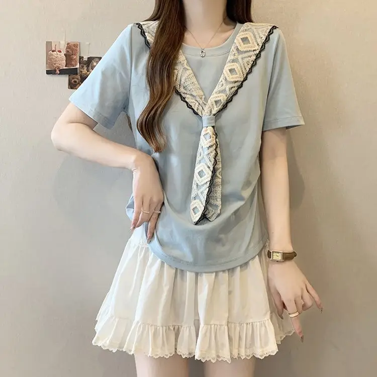 Plus-size women's summer new style noble lady style loose slimming lace shawl regular shoulder short-sleeve T-shirt - view 4