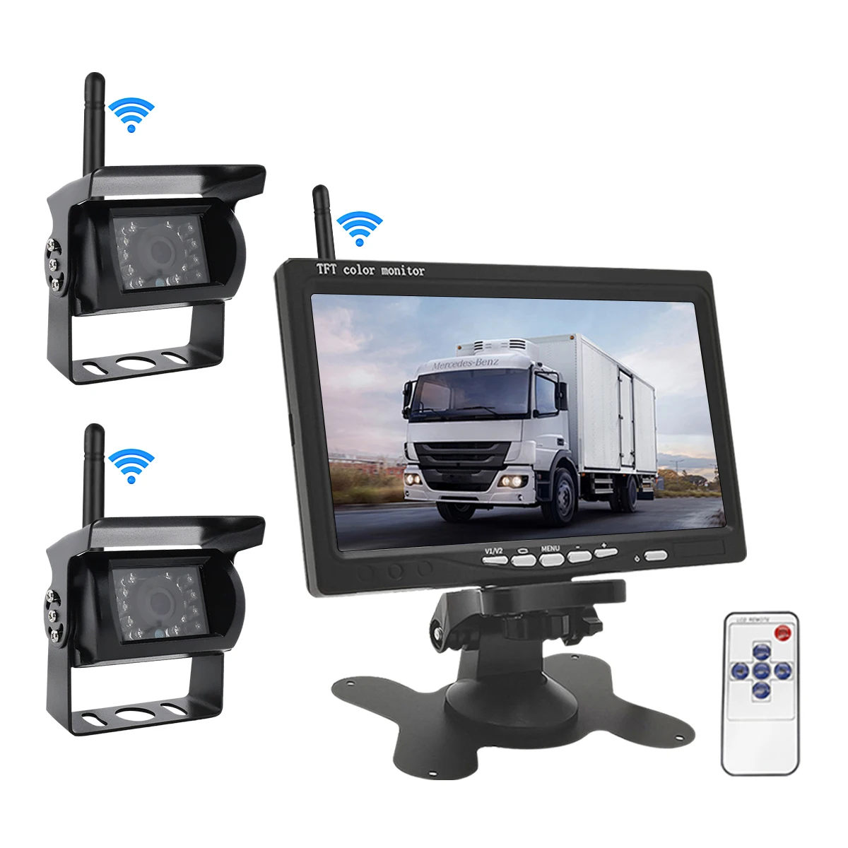 YWX 2x Wireless Backup Cameras 7'' Monitor IR Night Vision Waterproof Rear View Camera for RV Heavy Truck Trailer Bus