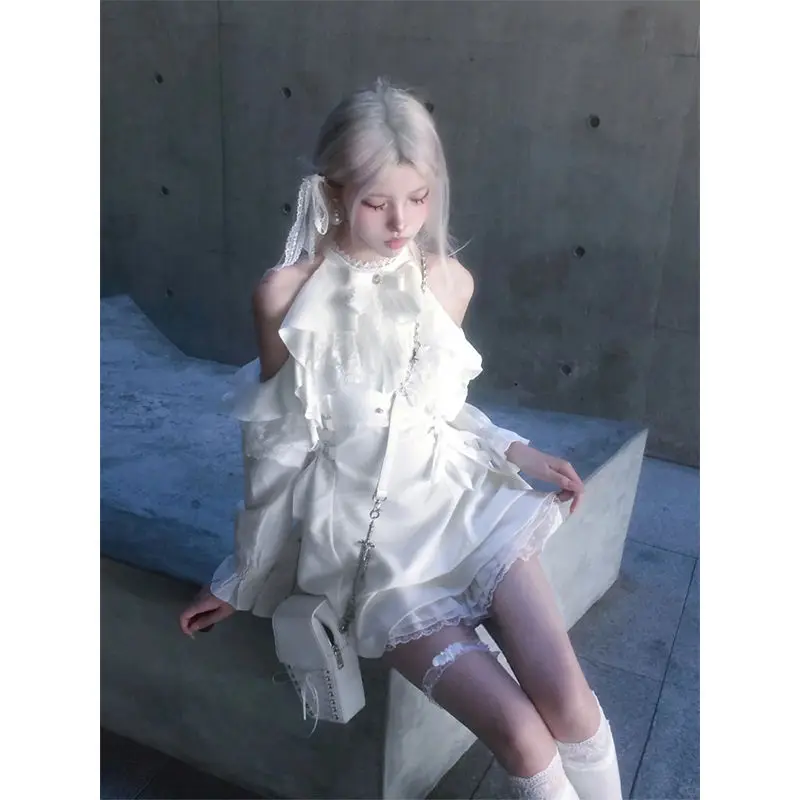 NONSAR สไตล์ญี่ปุ่น Y2k Lolita Bow สั้นสีขาวชุดผู้หญิงหวานลูกไม้ปิดไหล่ Slim Party Mini Dress