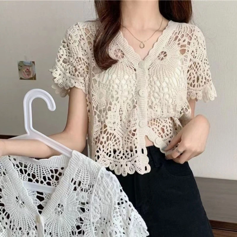 Women French Style Short Sleeve Lace Shrug Hollow Out Crochet Knit  Cardigan V-Neck Button Down Sheer Crop for Jac