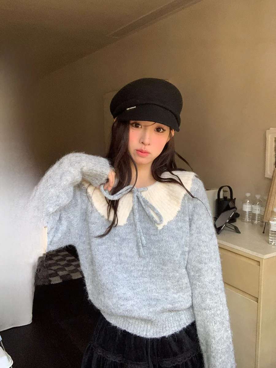 

Sinbounboun Sweet Girl Color Blo Doll Collar Knitted Sweater Candy Color Waist Cinched Women's Faion Warmth Knitwear