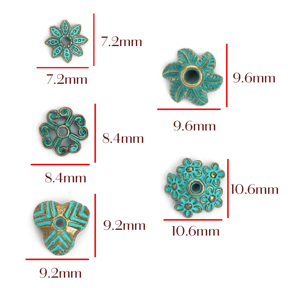 50PCS 10 Styles Mixed Antique Green Color Metal Spacer Bead Cap For Diy Jewelry Making Accessories Bulk Supply Wholesale