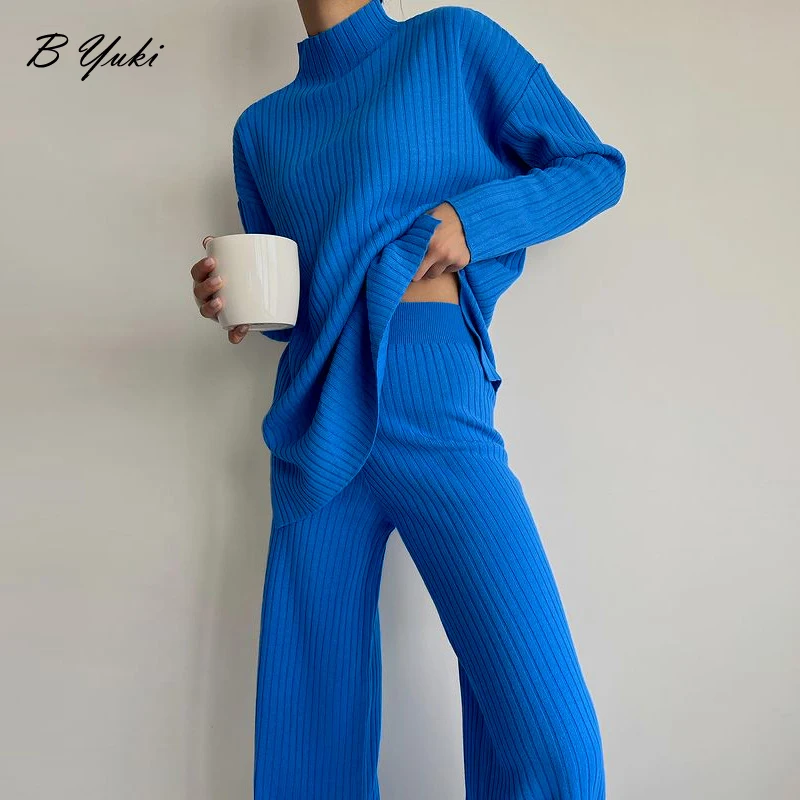 

Blessyuki Rib Knitted Pullovers Sweaters Suit Women 2023 Loose Split Sweater and High Waist Pants 2 Piece Set Female Outifits