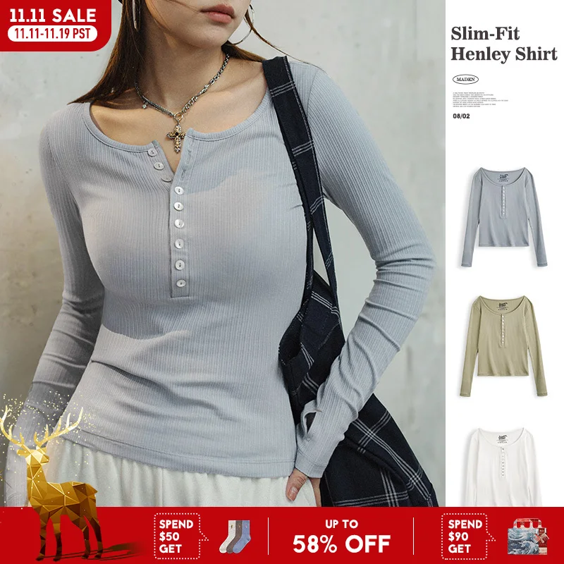 

Maden Women’s Slim Fit Henley Shirt Ribbed Knit Long Sleeve T-shirt O-Neck Layering Top Solid Color Autumn Winter Inner Wear
