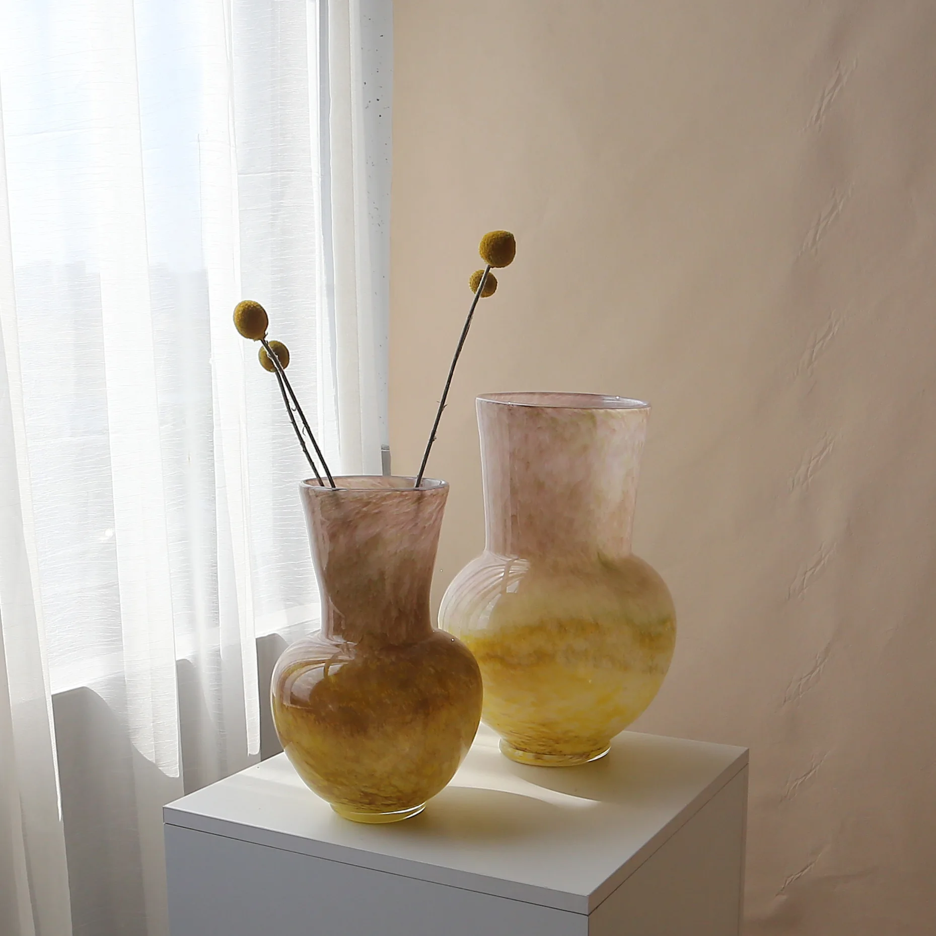 Design High End Colored Glass Milk Yellow Large Mouth Handmade Mid Century Vintage Style Vase Flower