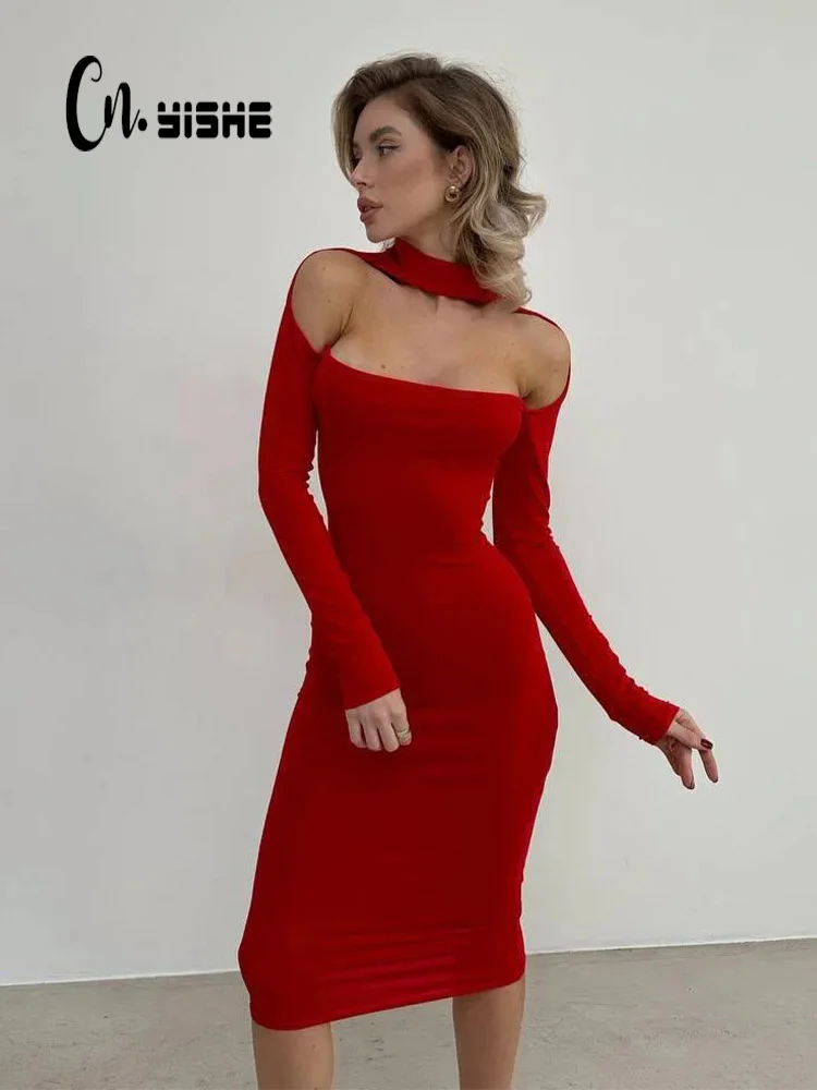 CNYISHE Solid Elegant Bodycon Sheath Party Women Dresses Long Sleeve O Neck Strapless Outfits Sexy Club Female Vestidos Robes