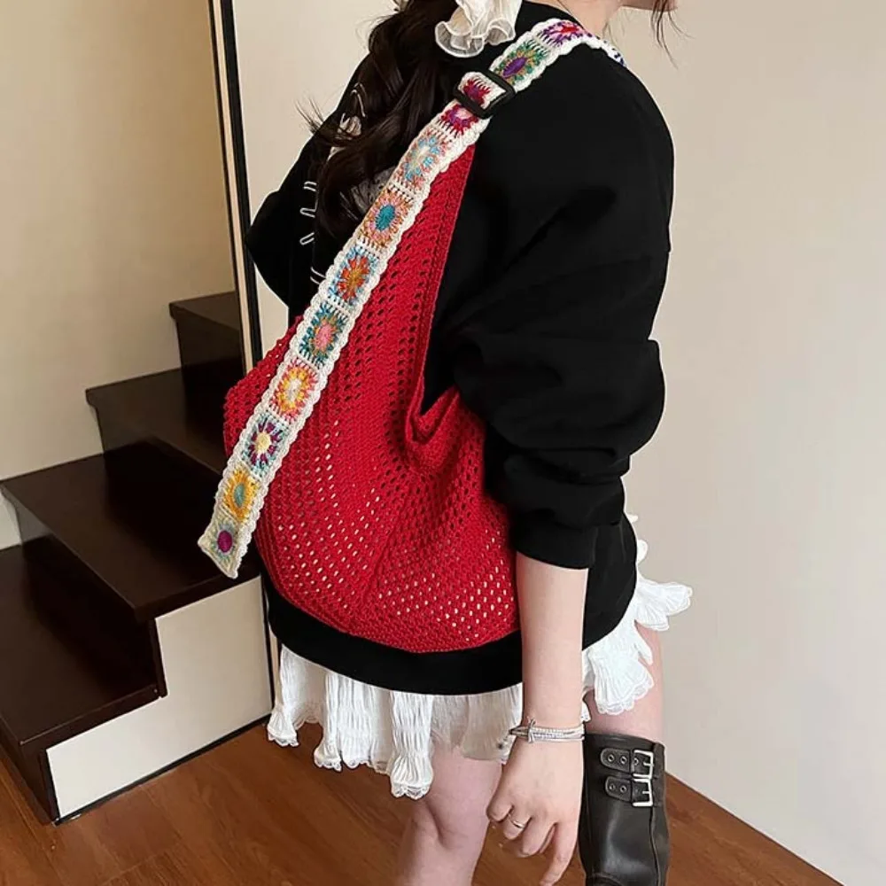 

Модная вместительная сумка-тоут из хлопка с цветочным узором, легкая ажурная вязаная сумка в этническом стиле, повседневная вязаная сумка-тоут