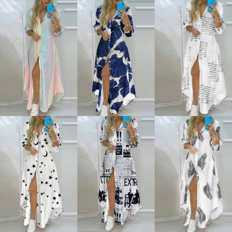 

2024 New Spring Women's Fashion Elegance Print Single Breasted Split Shirt Dress Long Dress