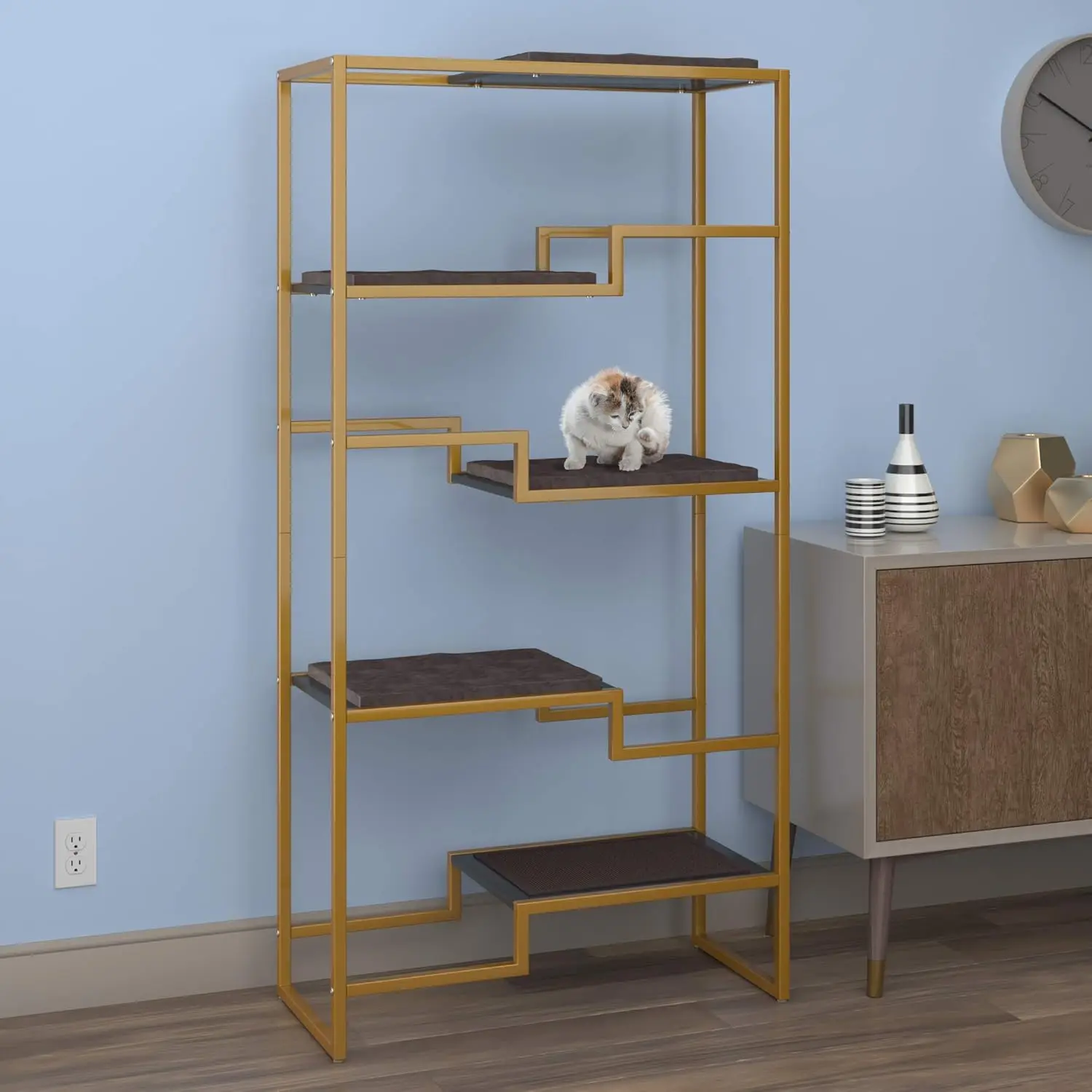 The Refined Feline 62 Inch Tall Metropolitan Cat Condo, Gold Metal Frame Cat Tower, Multi-Level Modern Cat Tree For Indoor