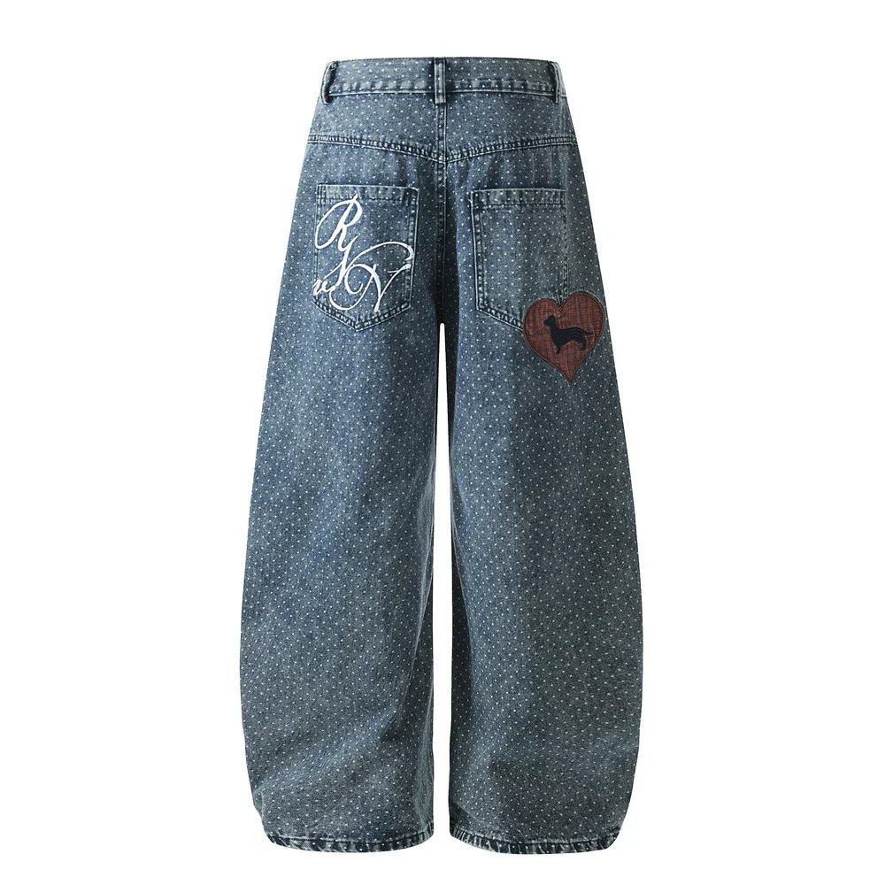 Unisex Washed Wide Leg Jeans Dog Embroidery & Letter Design Vintage High Street Loose Fit Denim Pants
