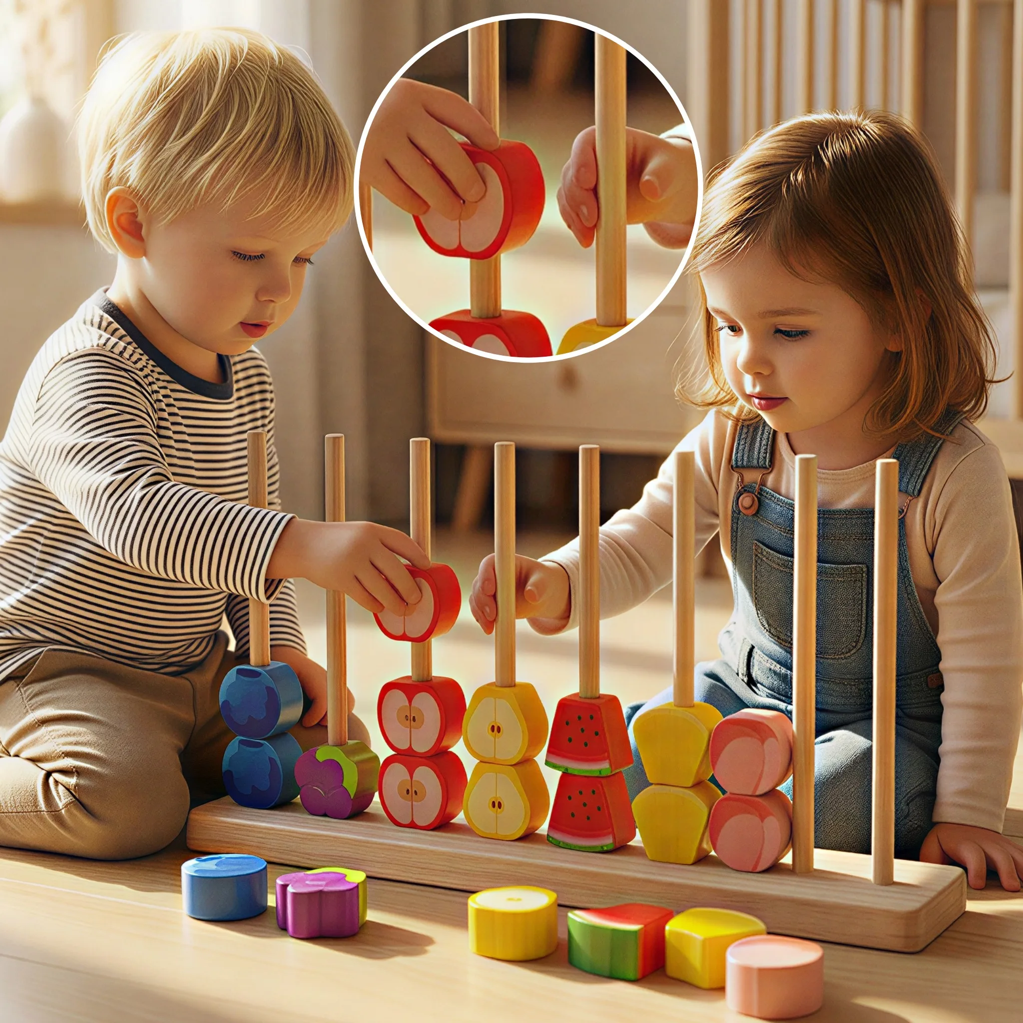 Brinquedo de empilhamento de frutas de madeira, inclui blocos de frutas fofas e de maçã, melancia, uvas e abacaxi, com uma coluna de uso duplo, para combinar com as cores