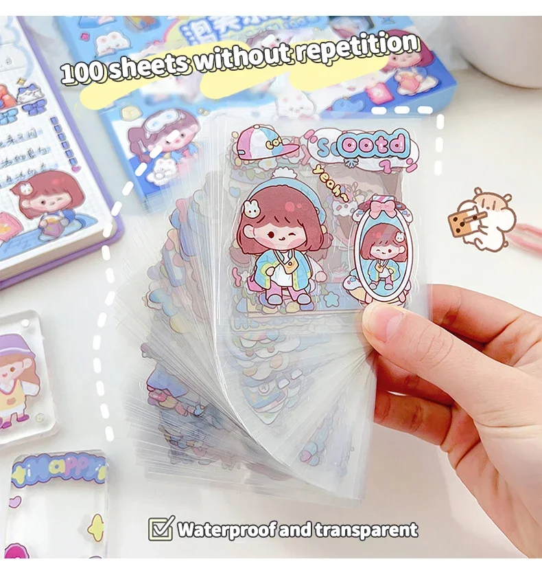 100pcs Gift Box Packaging Stickers Cute Cartoon Kawaii Transparent Decoration Self Adhesive Stationery Sticker