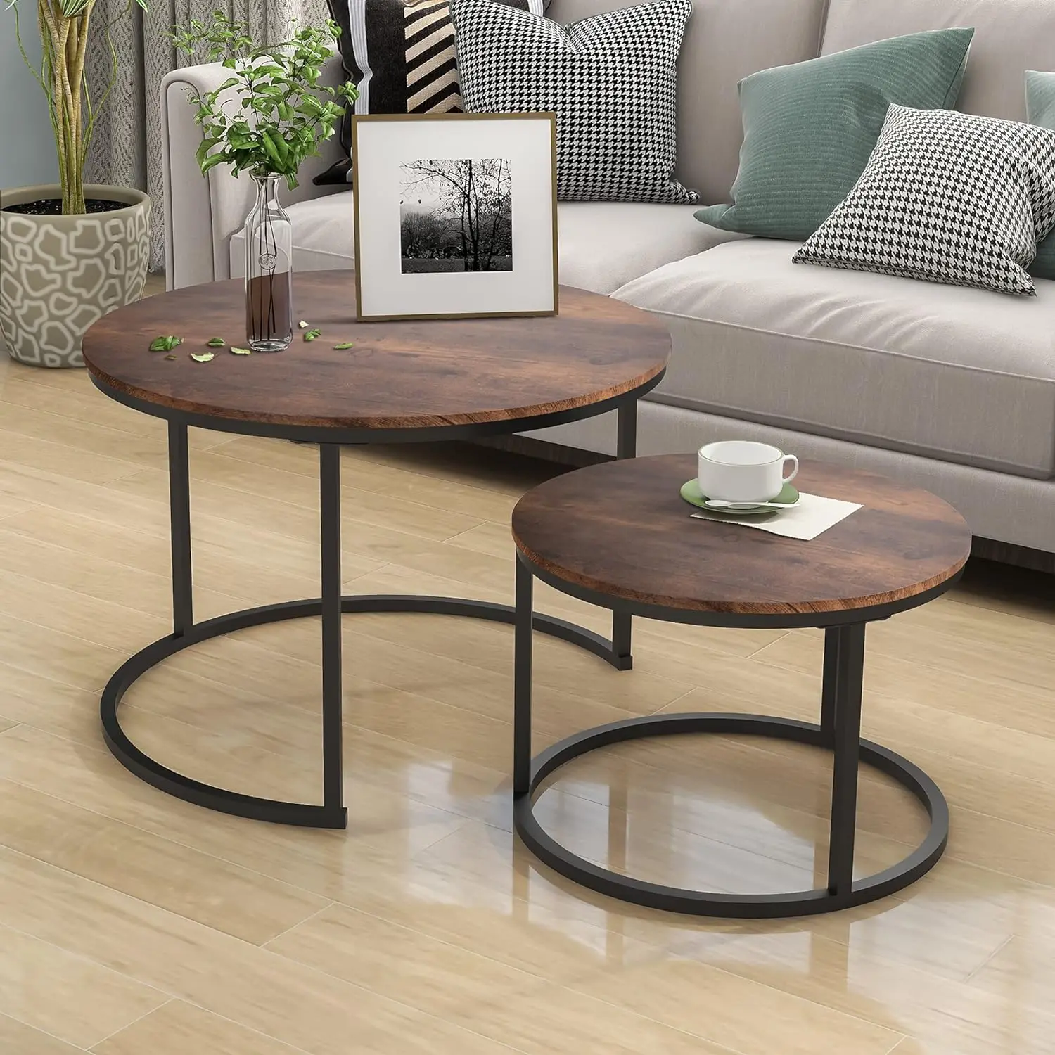 

Industrial Round Coffee Table Set of 2 End Table for Living Room,Stacking Side Tables, Sturdy and Easy Assembly,Wood Look Accent