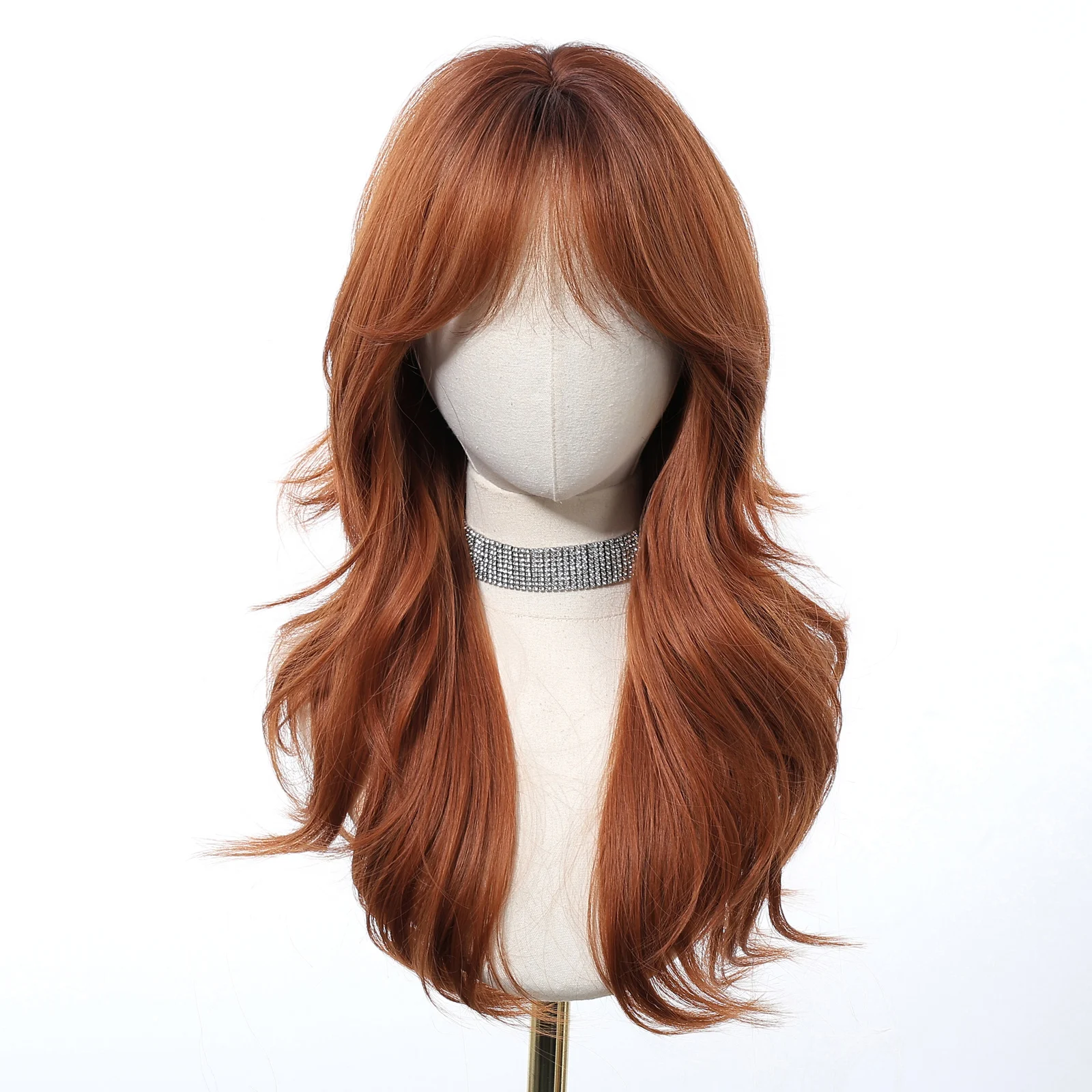 Allbell Magique Lange geschichtete synthetische Perücken Orange Party Cosplay Perücken mit Pony für Frauen natürliche gewellte lockige Perücke hitzebeständig