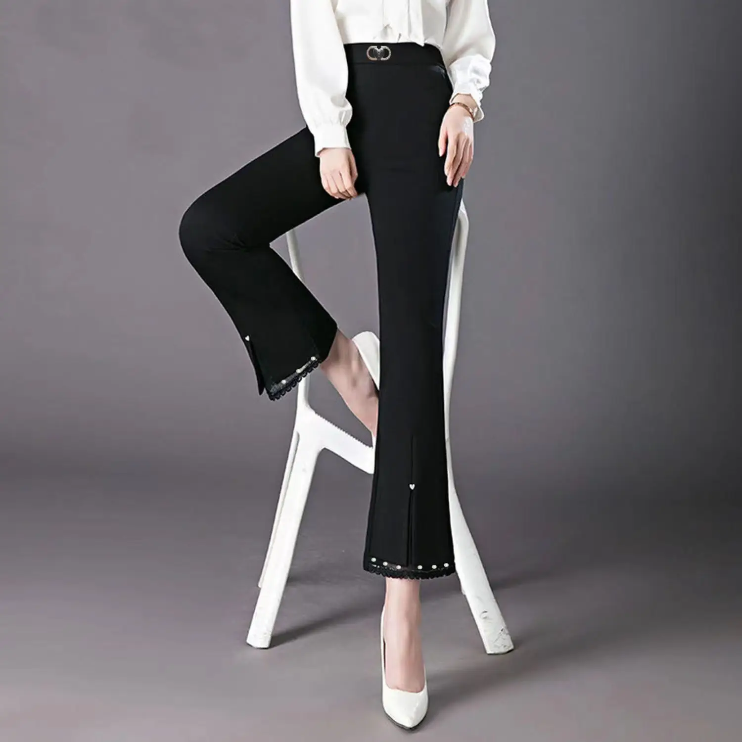 Spring Summer 2024 New High Waist Slim Flare Ladies Fashion Patchwork Net Yarn Elastic Waist Casual Pants Women Clothes Trousers