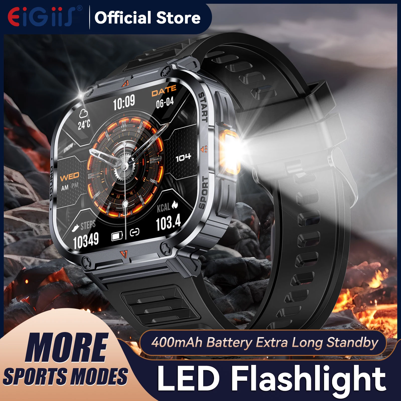 

EIGIIS 2025 Смарт-часы для мужчин с фонариком Bluetooth Ответ/Сбор вызовов 100+ спортивных режимов Сердечный ритм SpO2 Монитор сна