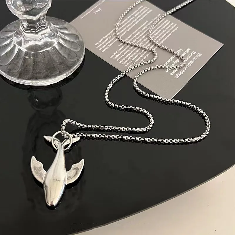 Fashion Trend Whale Stainless Steel Pendant Necklace for Men Exquisite High-end Design Small Whale Cold Wind Long Sweater Chain