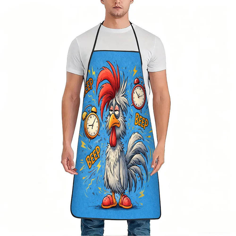 1pc Funny Sleepy Rooster & Alarm Clock Print Apron - Adjustable Waistband, Durable Polyester Suitable for Kitchen Cooking, Garde