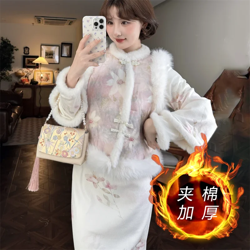 Roupas de inverno femininas jaquetas novas outerwear estilo chinês mais algodão colete quente impressão chinesa mais colete de veludo casaco