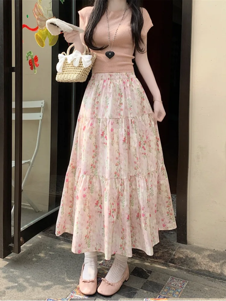 

Пастельно-розовая женская длинная юбка с эластичным поясом, весна-лето, с цветочным принтом, стройнящая, в нежном стиле, из мягкого комфортного хлопка