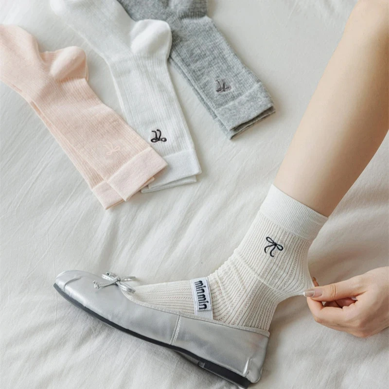 

Kave Spring/Summer Thin Bow Breathable Socks Ballet Style JK Mid Tube Socks Sweet Girl Hollow Mesh Anti Pilling Pile Socks