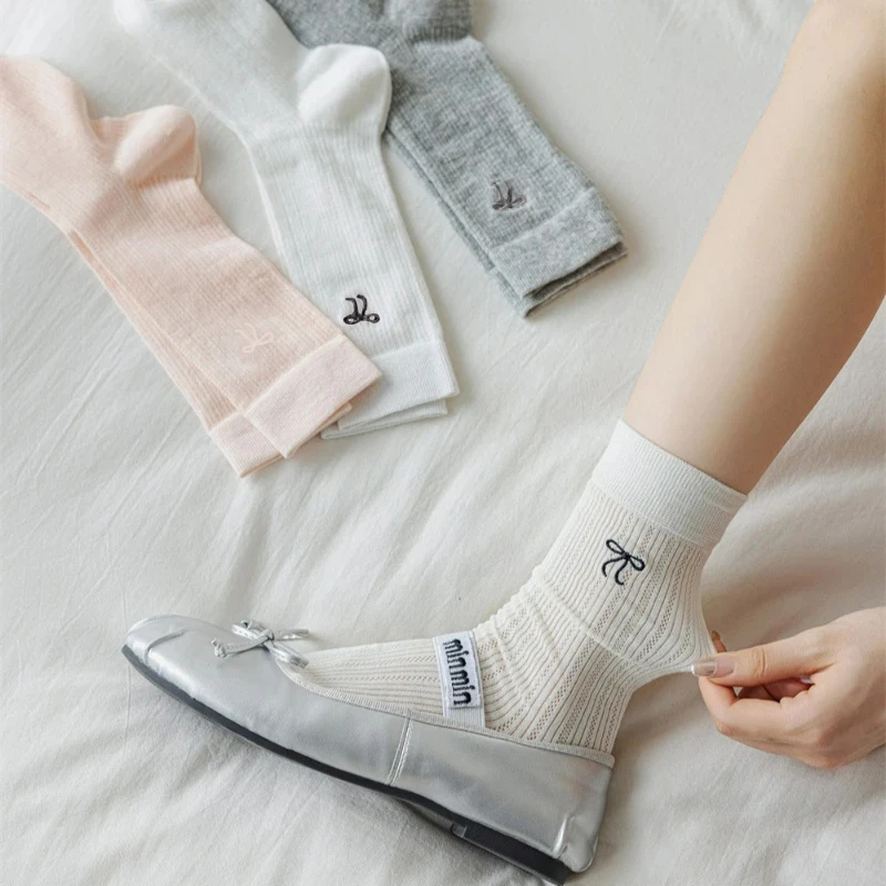 Kave Spring/Summer Thin Bow Breathable Socks Ballet Style JK Mid Tube Socks Sweet Girl Hollow Mesh Anti Pilling Pile Socks