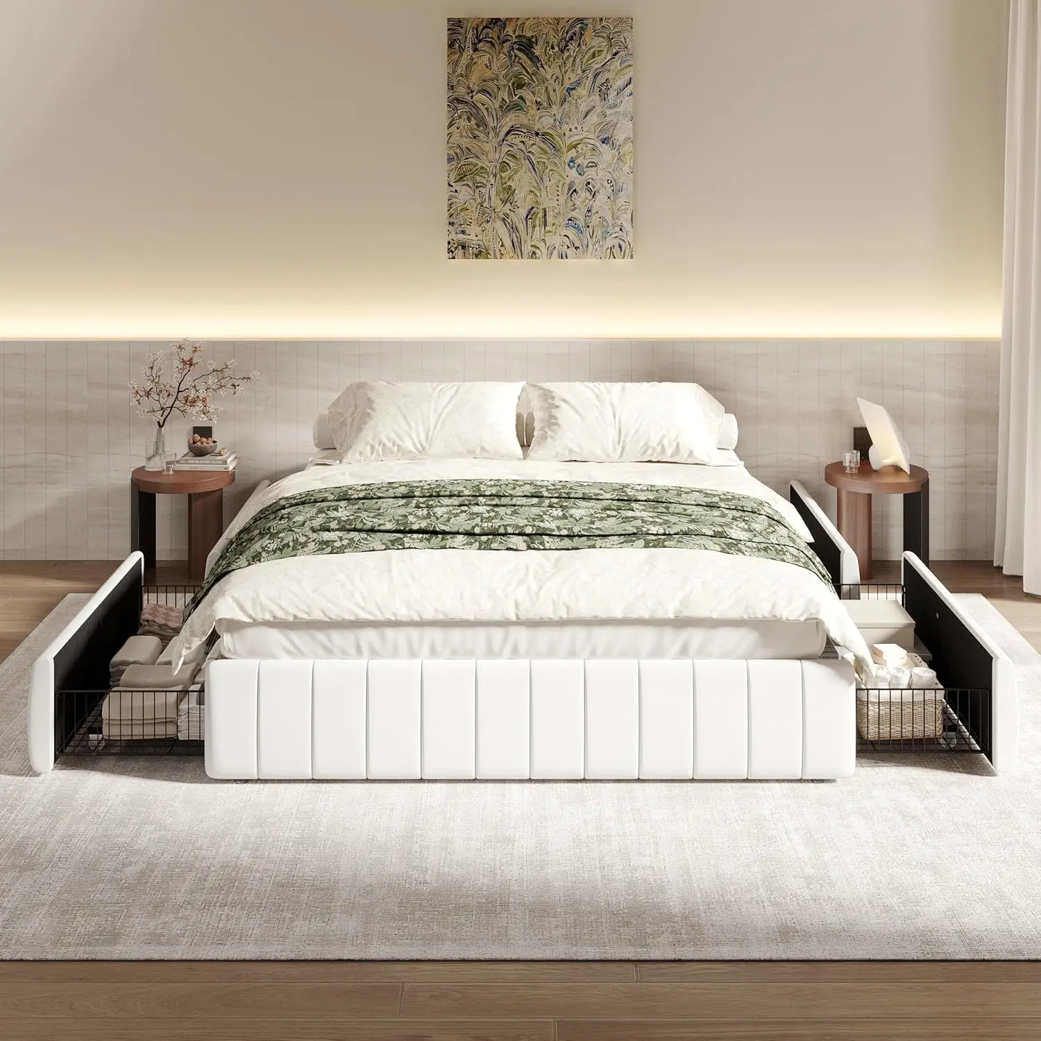 

Queen Size Velvet Upholstered Platform Bed Frame with 4 Storage Drawers, Vertical Channel Tufted, Low Profile, Fits Stan