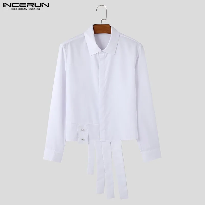 INCERUN Men Deconstruction Design Shirts Handsome Long Sleeve Chemise Solid Color Handsome Tops Lapel Collar Open Up Shirts