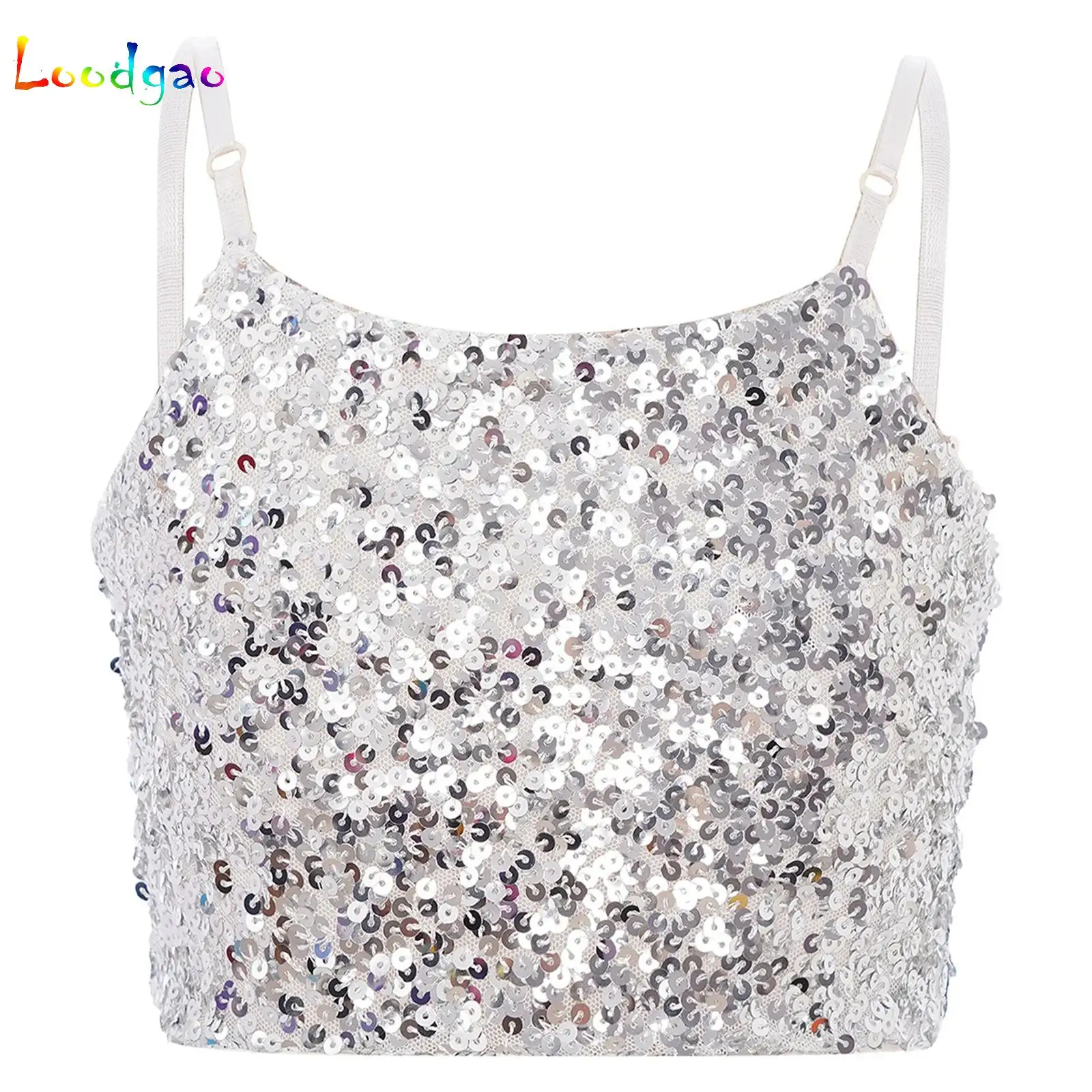 

Kids Girls Sequins Vest Camisole Fashion Streetwear Metallic Ballet Dance Crop Top Jazz Latin Ballroom Dance Performance Costume