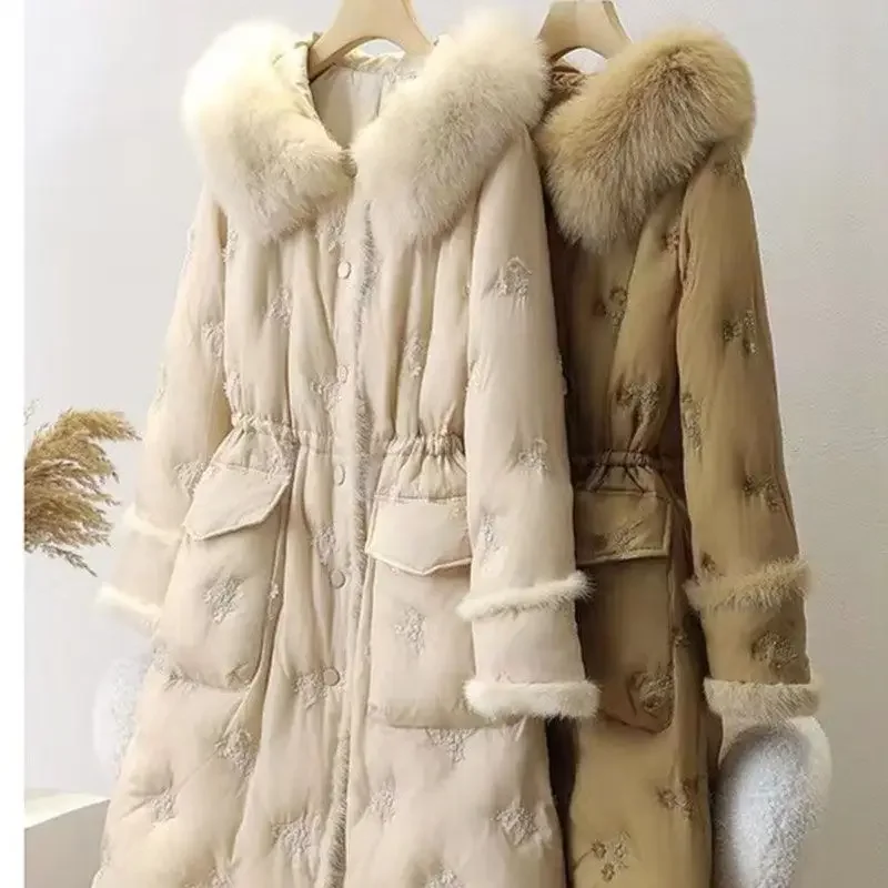 2024 Winter Women Real Animal Raccoon Fur Hooded White Duck Feather Down Coat , Woman Long Beige High Waisted Embroidery Coats