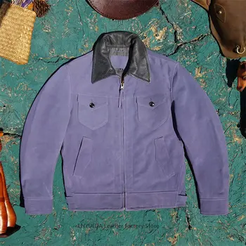 Men Purple Suede Cowhide Genuine Leather Jacket Mendoza Moon Pocket Lapel Fashion Biker Coat