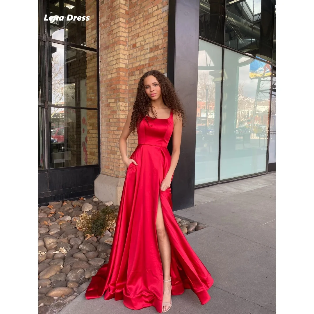 Lena Square Collar Elegant Evening Dress Woman Satin Luxurious Women's Evening Dresses for Weddings Line A Red Side Slit Party